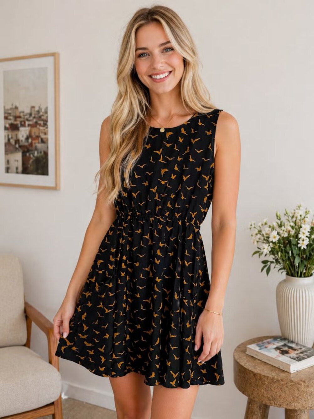Blue Women Dress Birds Print
